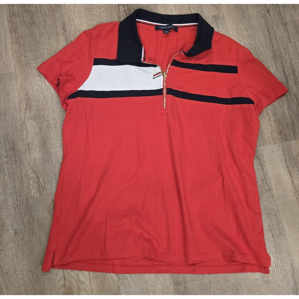 Tommy Hilfiger Polo Shirt Womens Medium Red White Blue Half Zip Pull Over